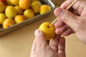 梅の実のヘタを取る